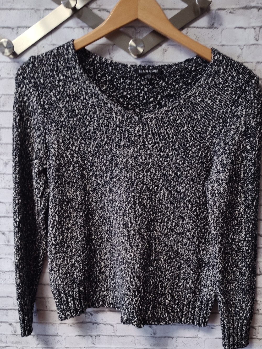 Eileen Fisher Black and White Marled V Neck Sweater
